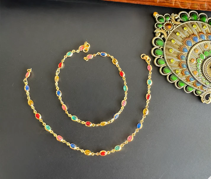 Gold Tone Multicolor Stone Anklets